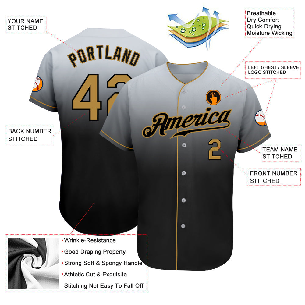 Custom Gray Old Gold-Black Authentic Fade Fashion Baseball Jersey baseball jersey product view 3