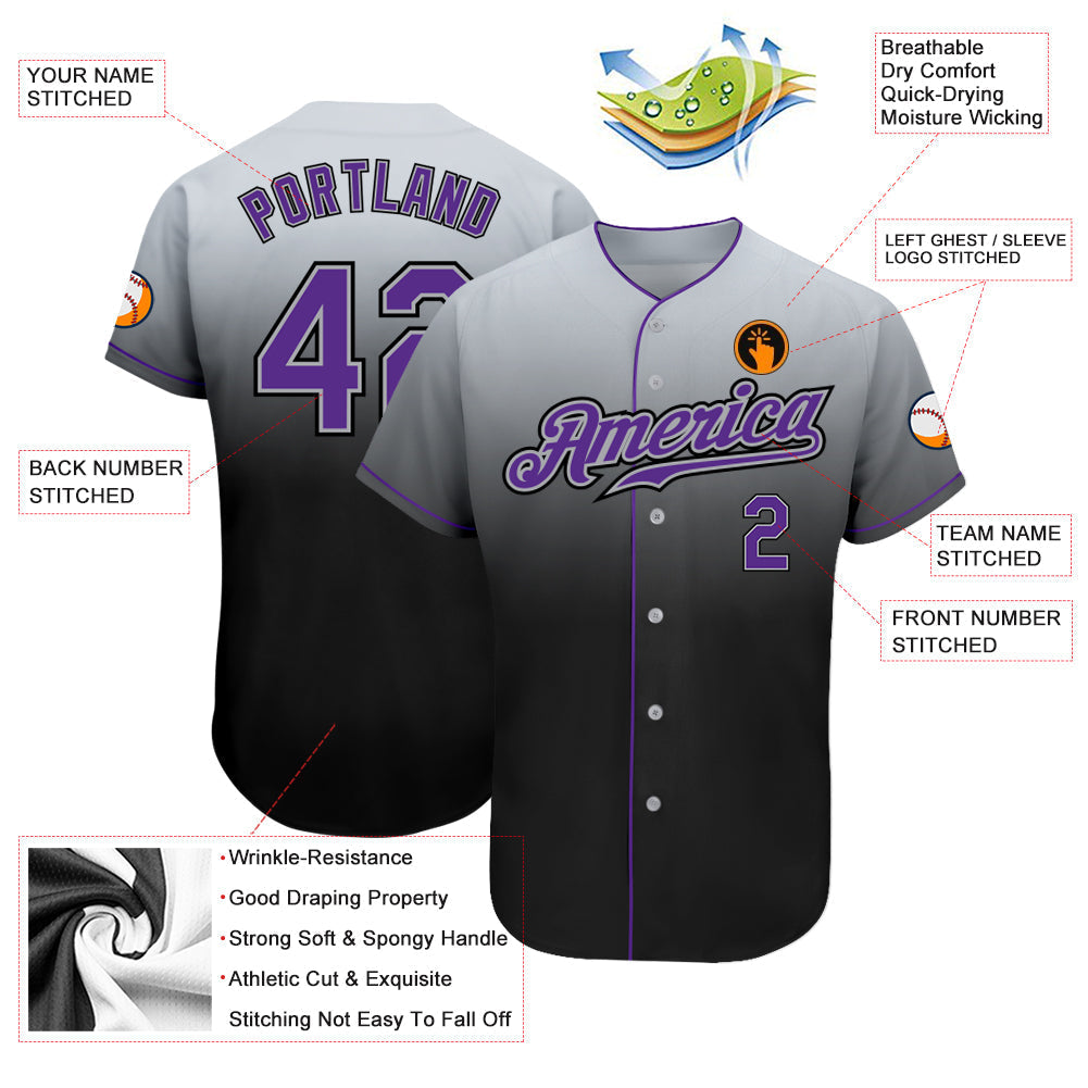 Custom Gray Purple-Black Authentic Fade Fashion Baseball Jersey baseball jersey product view 3