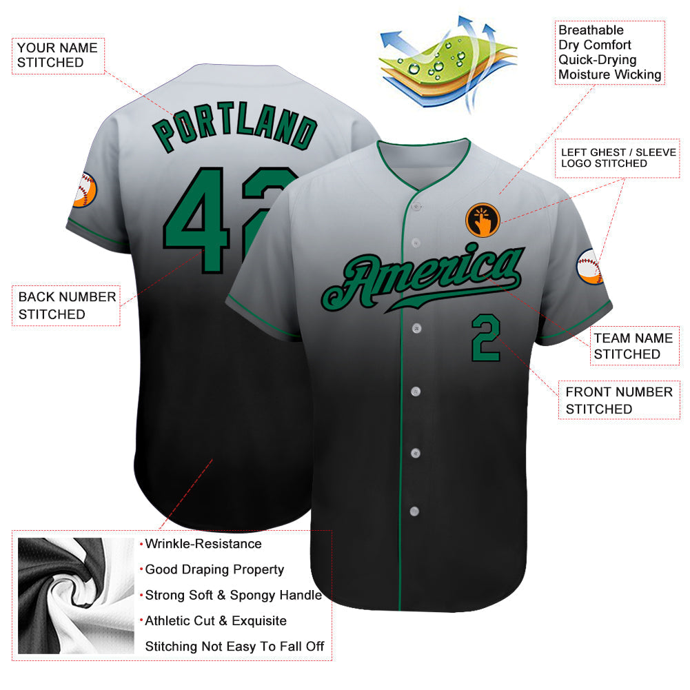 Custom Gray Kelly Green-Black Authentic Fade Fashion Baseball Jersey baseball jersey product view 3