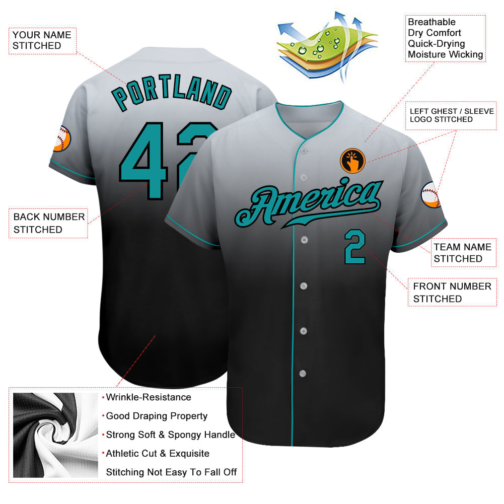 Custom Gray Teal-Black Authentic Fade Fashion Baseball Jersey baseball jersey product view 4