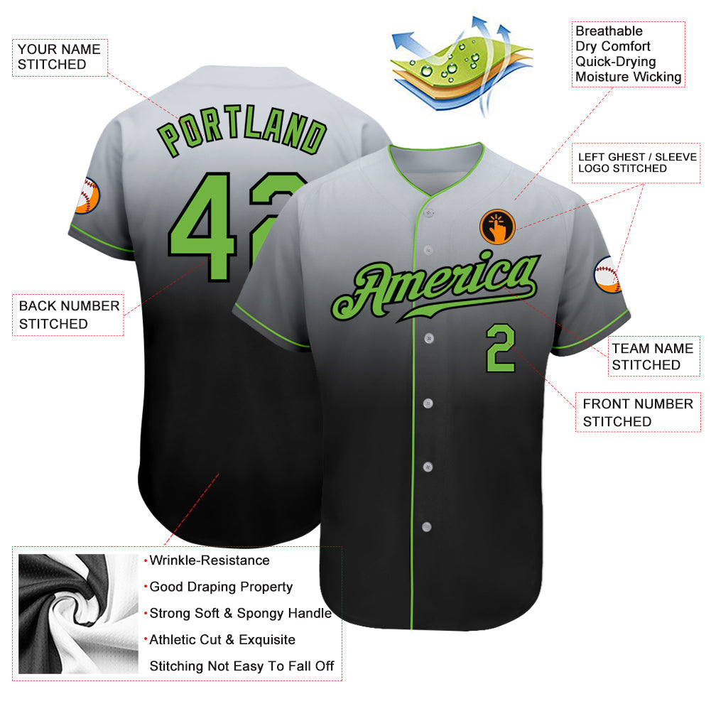 Custom Gray Neon Green-Black Authentic Fade Fashion Baseball Jersey baseball jersey product view 3