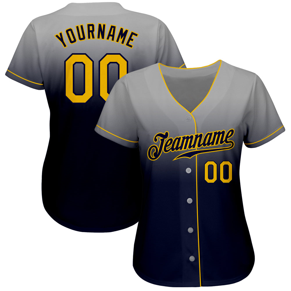 Custom Gray Gold-Navy Authentic Fade Fashion Baseball Jersey baseball jersey product view 2