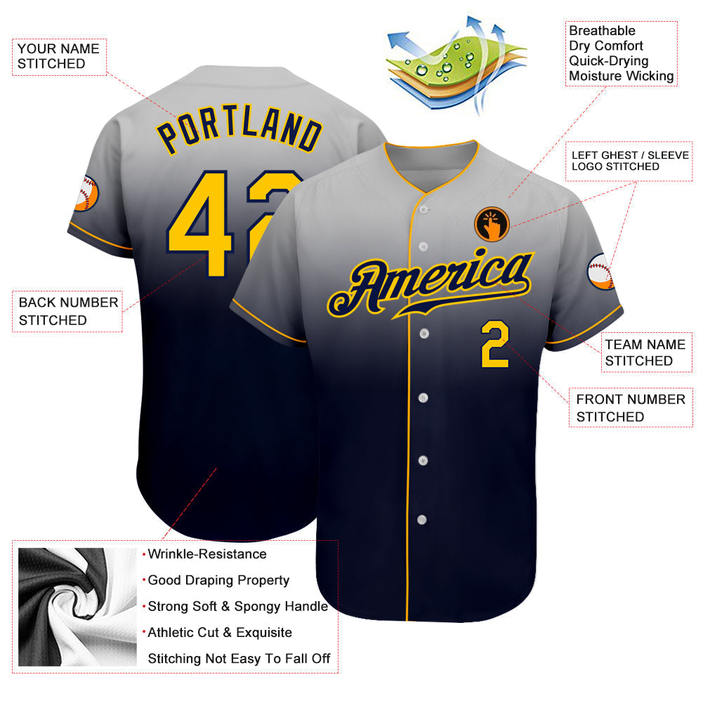 Custom Gray Gold-Navy Authentic Fade Fashion Baseball Jersey baseball jersey product view 3