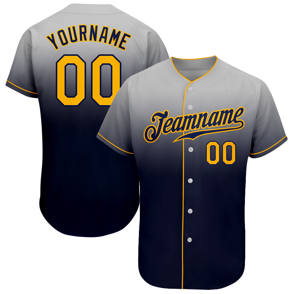 Custom Gray Gold-Navy Authentic Fade Fashion Baseball Jersey baseball jersey product view 1