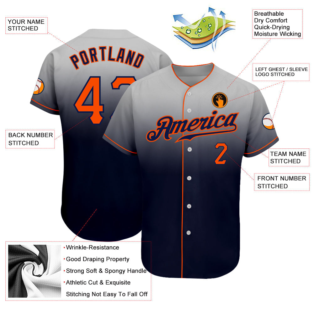 Custom Gray Orange-Navy Authentic Fade Fashion Baseball Jersey baseball jersey product view 3