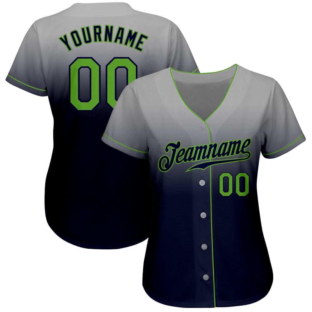 Custom Gray Neon Green-Navy Authentic Fade Fashion Baseball Jersey baseball jersey product view 2
