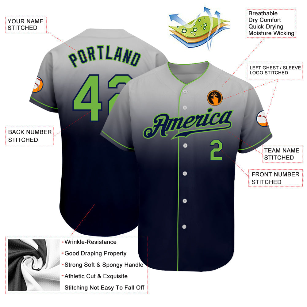 Custom Gray Neon Green-Navy Authentic Fade Fashion Baseball Jersey baseball jersey product view 3