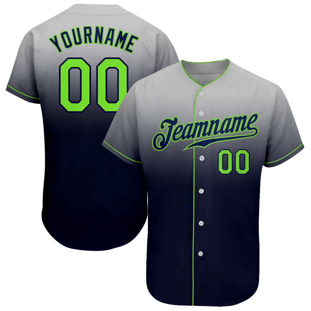 Custom Gray Neon Green-Navy Authentic Fade Fashion Baseball Jersey baseball jersey product view 1