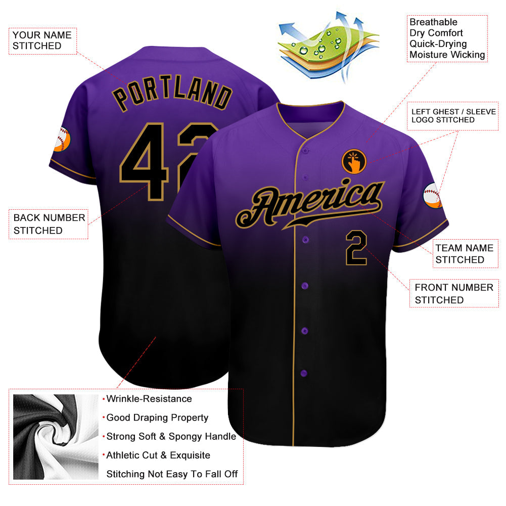 Custom Purple Black-Old Gold Authentic Fade Fashion Baseball Jersey baseball jersey product view 3