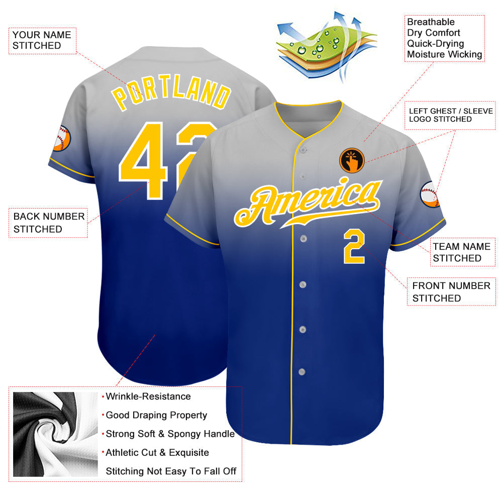 Custom Gray Gold-Royal Authentic Fade Fashion Baseball Jersey baseball jersey product view 3