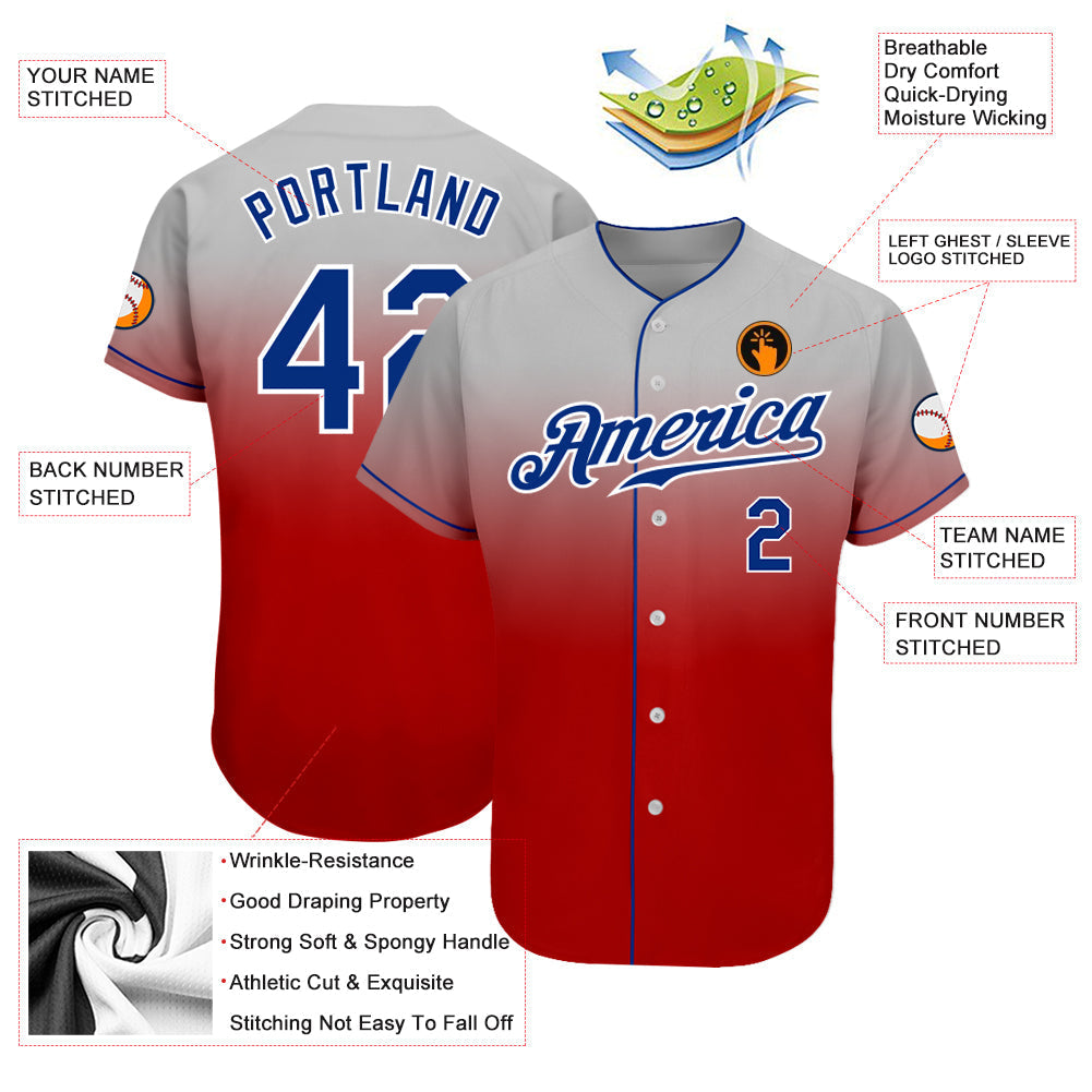 Custom Gray Royal-Red Authentic Fade Fashion Baseball Jersey baseball jersey product view 3