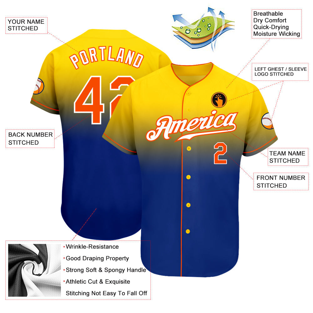 Custom Yellow Orange-Royal Authentic Fade Fashion Baseball Jersey baseball jersey product view 3
