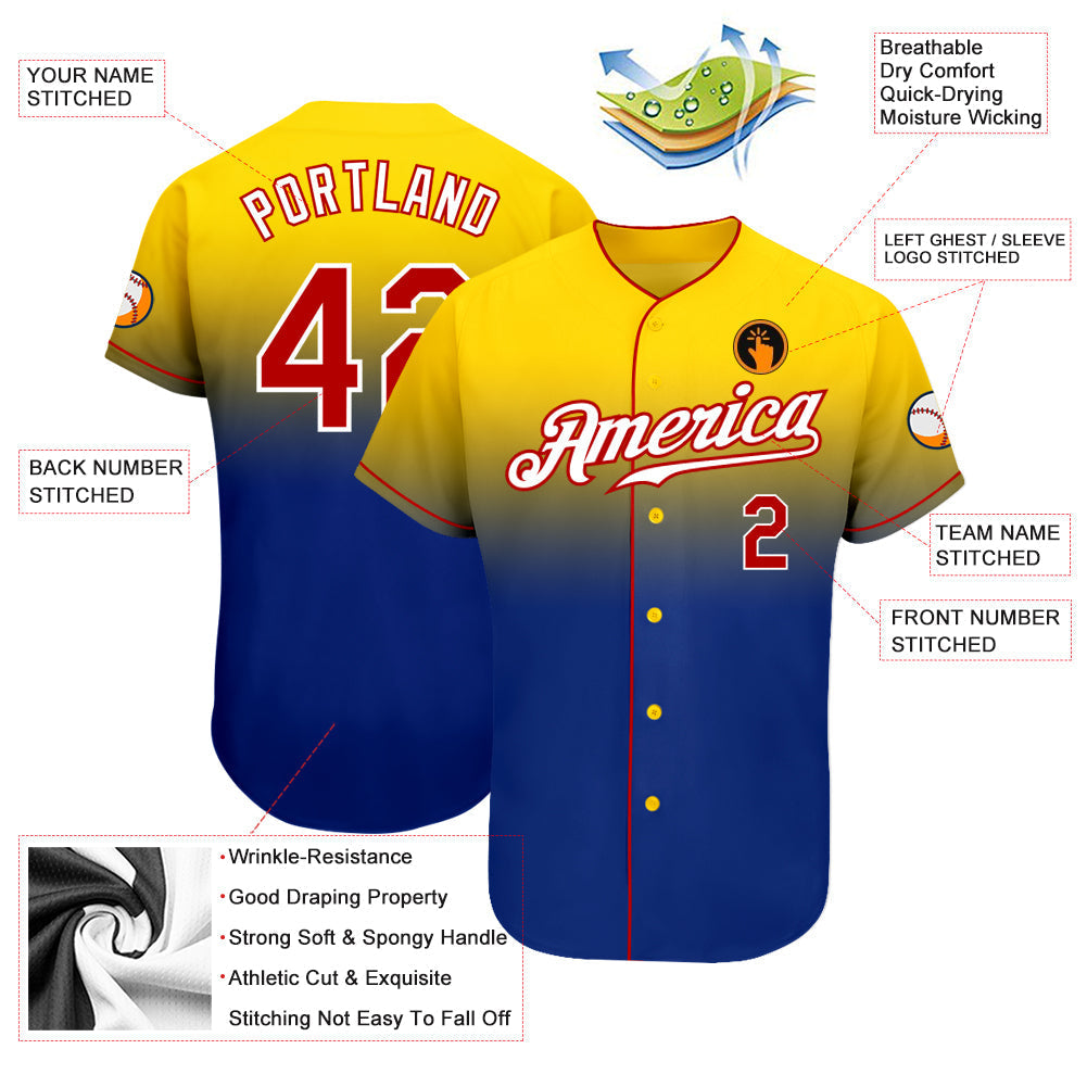 Custom Yellow Red-Royal Authentic Fade Fashion Baseball Jersey baseball jersey product view 3