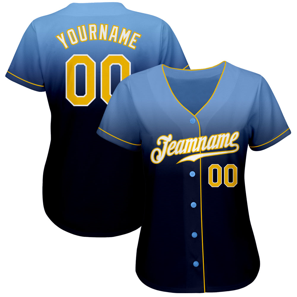 Custom Light Blue Gold-Navy Authentic Fade Fashion Baseball Jersey baseball jersey product view 2
