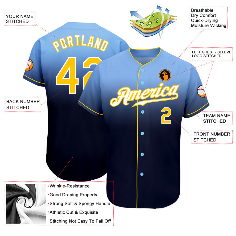 Custom Light Blue Gold-Navy Authentic Fade Fashion Baseball Jersey baseball jersey product view 3