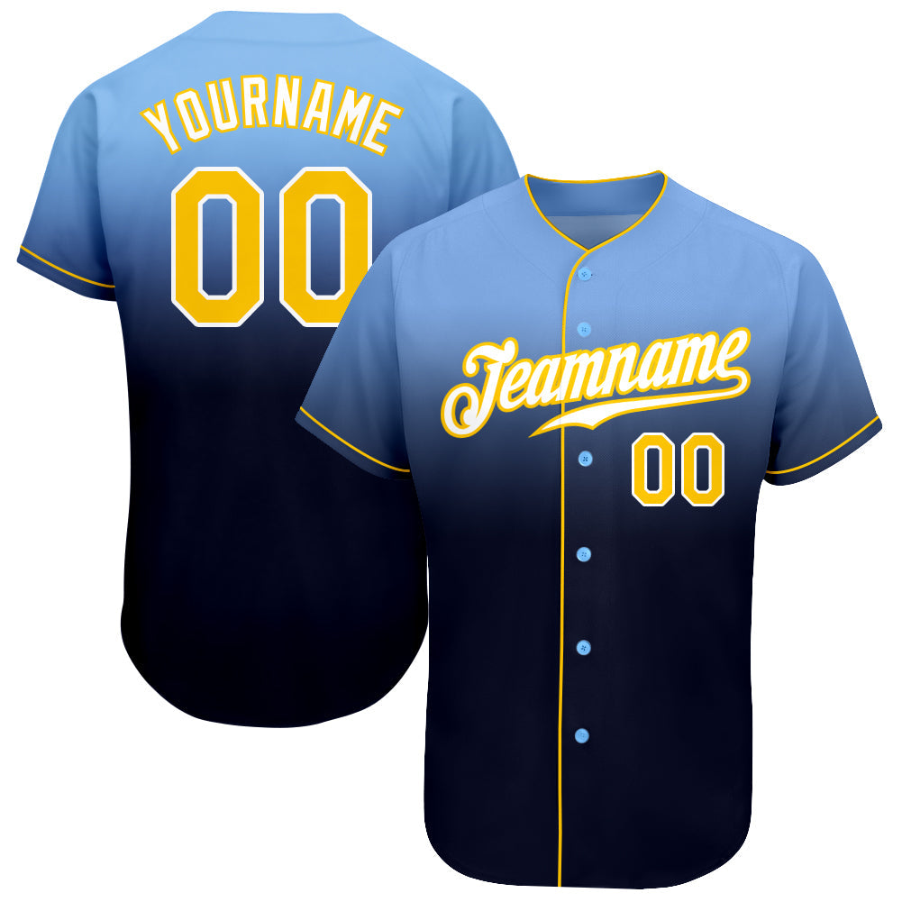 Custom Light Blue Gold-Navy Authentic Fade Fashion Baseball Jersey baseball jersey product view 1