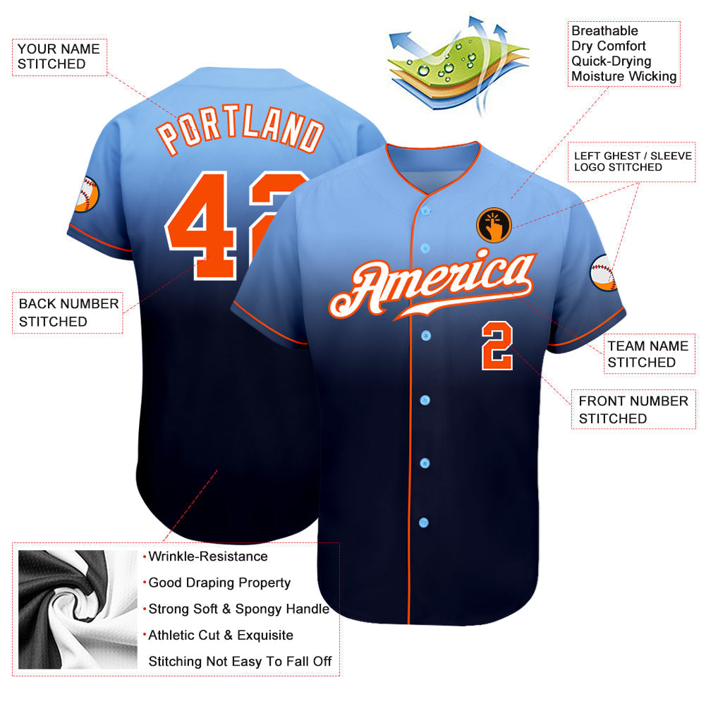 Custom Light Blue Orange-Navy Authentic Fade Fashion Baseball Jersey baseball jersey product view 3