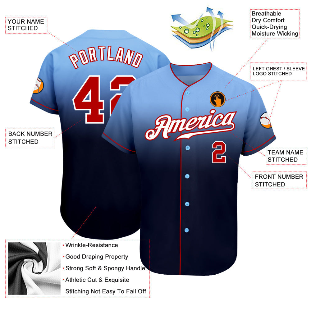 Custom Light Blue Red-Navy Authentic Fade Fashion Baseball Jersey baseball jersey product view 3