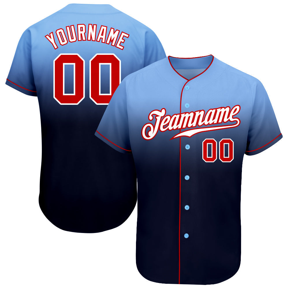 Custom Light Blue Red-Navy Authentic Fade Fashion Baseball Jersey baseball jersey product view 1
