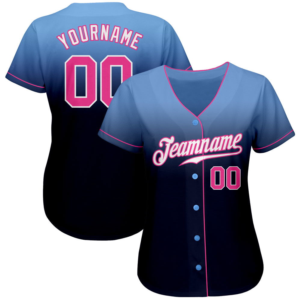 Custom Light Blue Pink-Navy Authentic Fade Fashion Baseball Jersey baseball jersey product view 2
