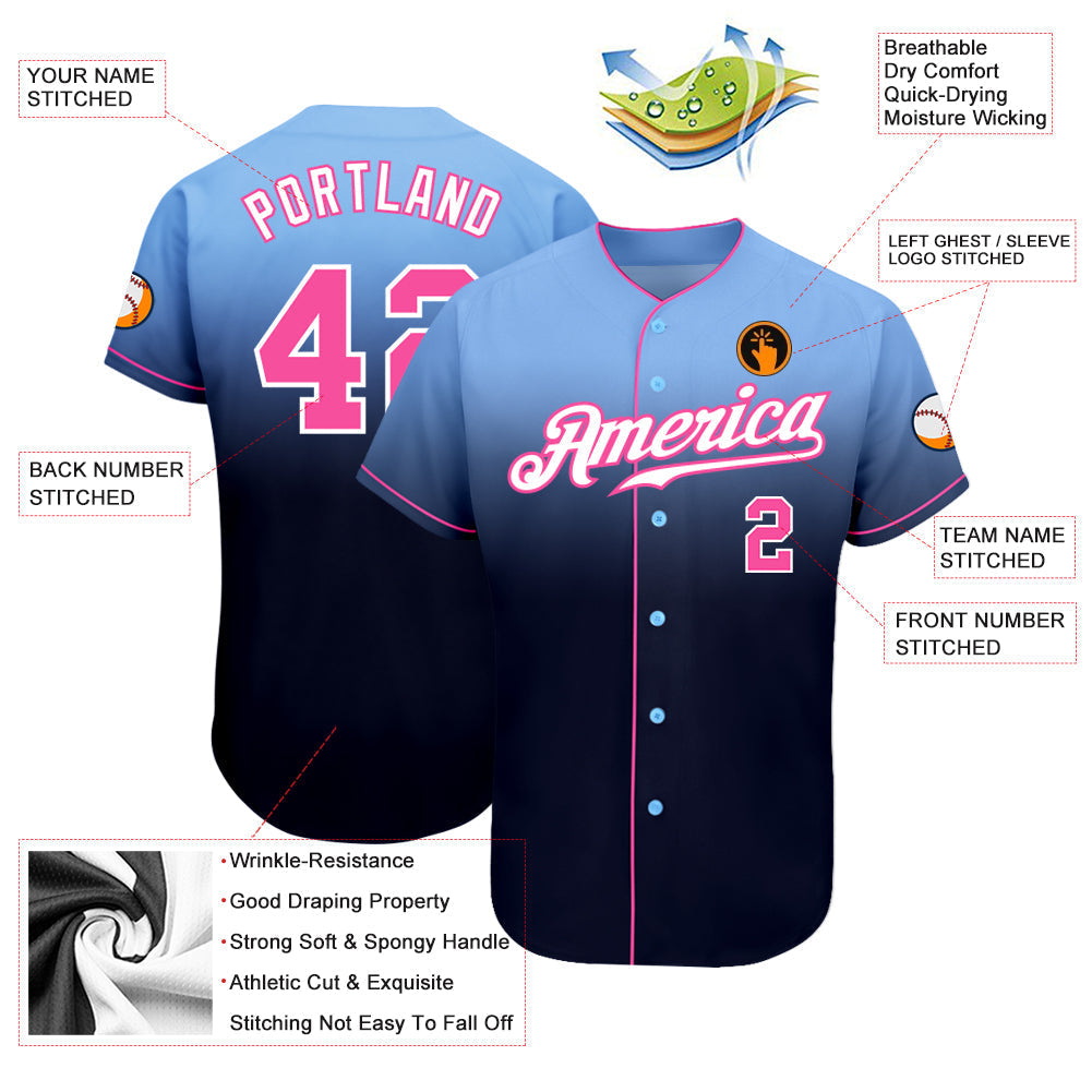 Custom Light Blue Pink-Navy Authentic Fade Fashion Baseball Jersey baseball jersey product view 3