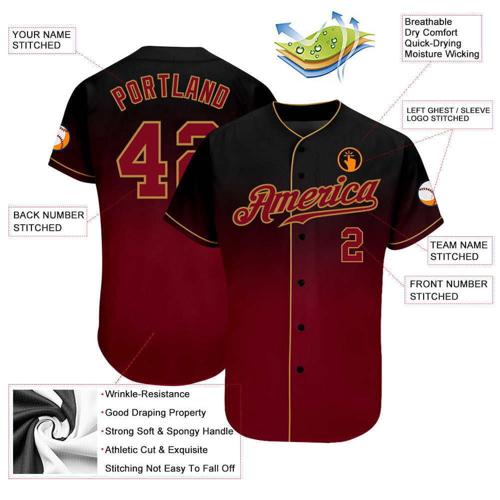 Custom Black Crimson-Old Gold Authentic Fade Fashion Baseball Jersey baseball jersey product view 3