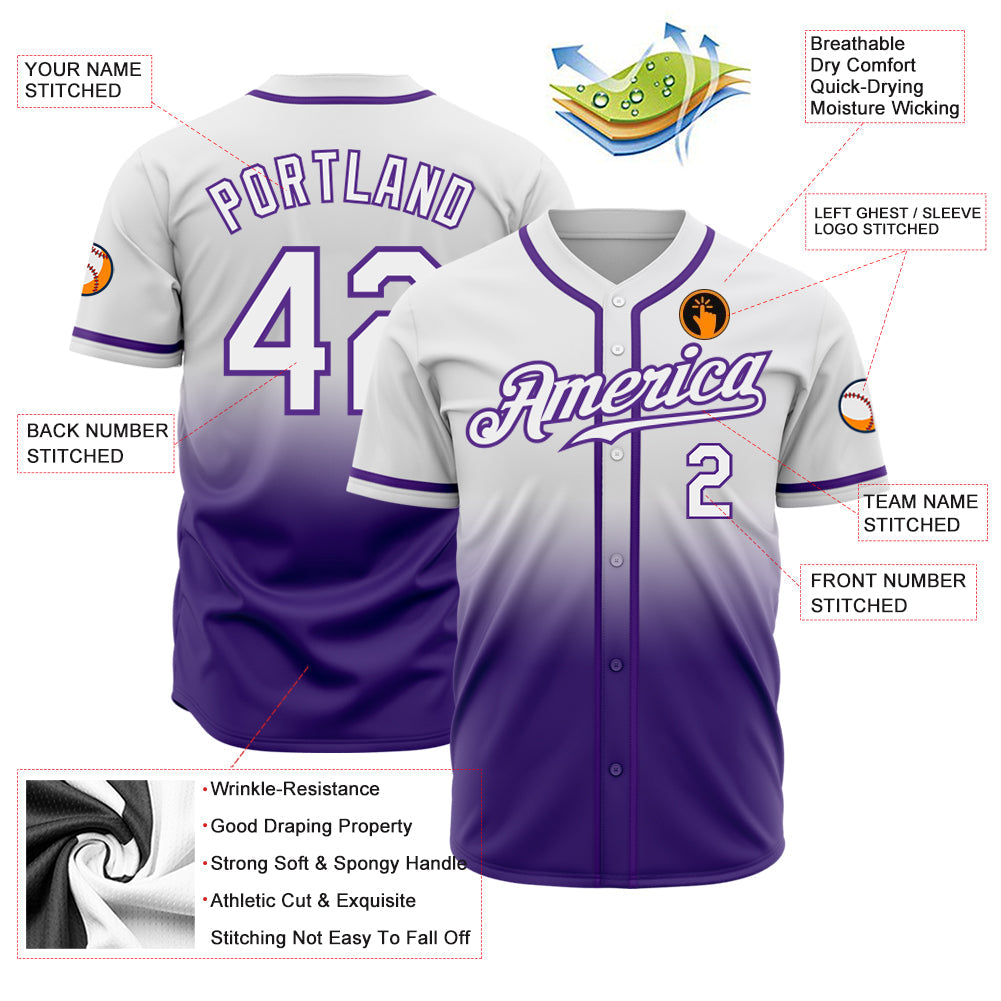 Custom White White-Purple Authentic Fade Fashion Baseball Jersey baseball jersey product view 3