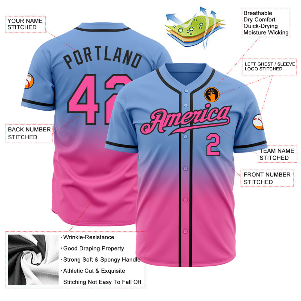Custom Light Blue Pink-Black Authentic Fade Fashion Baseball Jersey baseball jersey product view 2