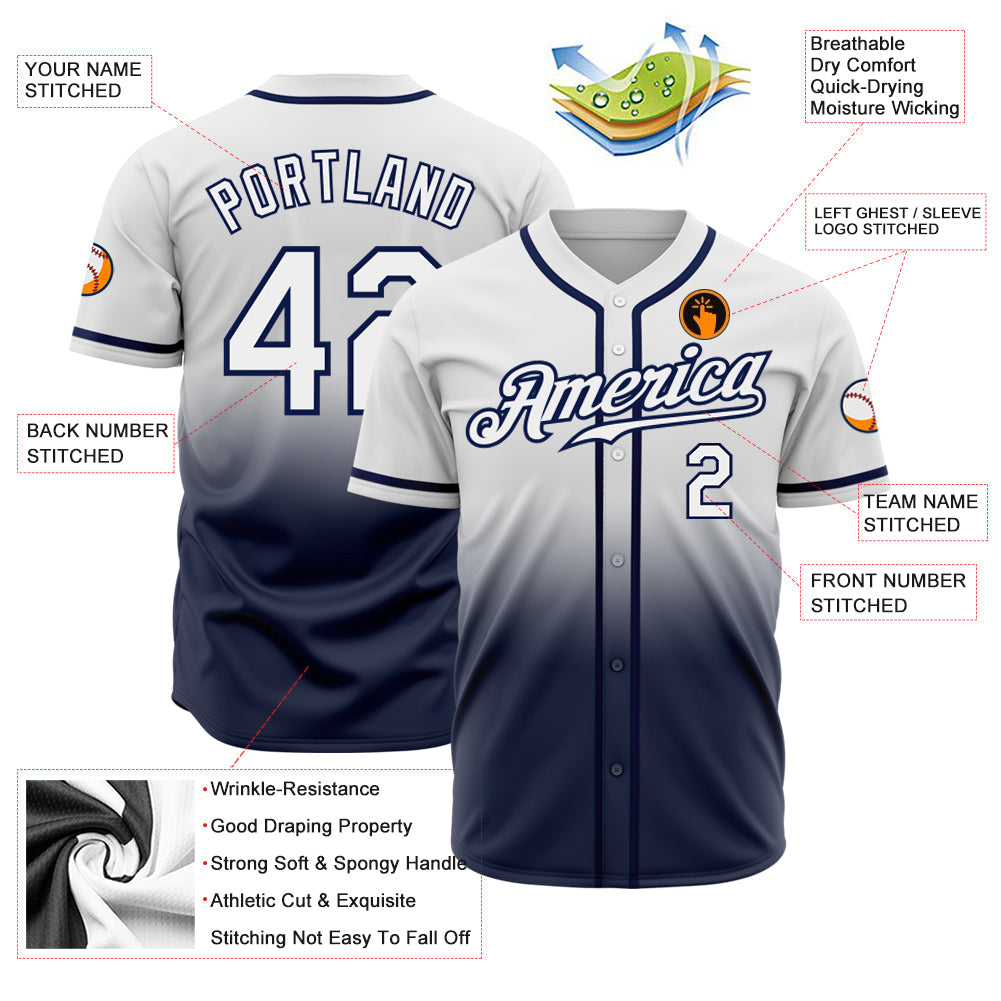 Custom White White-Navy Authentic Fade Fashion Baseball Jersey baseball jersey product view 2