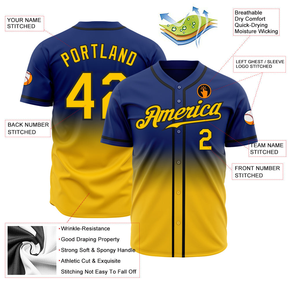 Custom Royal Yellow-Black Authentic Fade Fashion Baseball Jersey baseball jersey product view 3