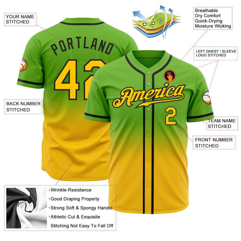 Custom Neon Green Yellow-Black Authentic Fade Fashion Baseball Jersey baseball jersey product view 2