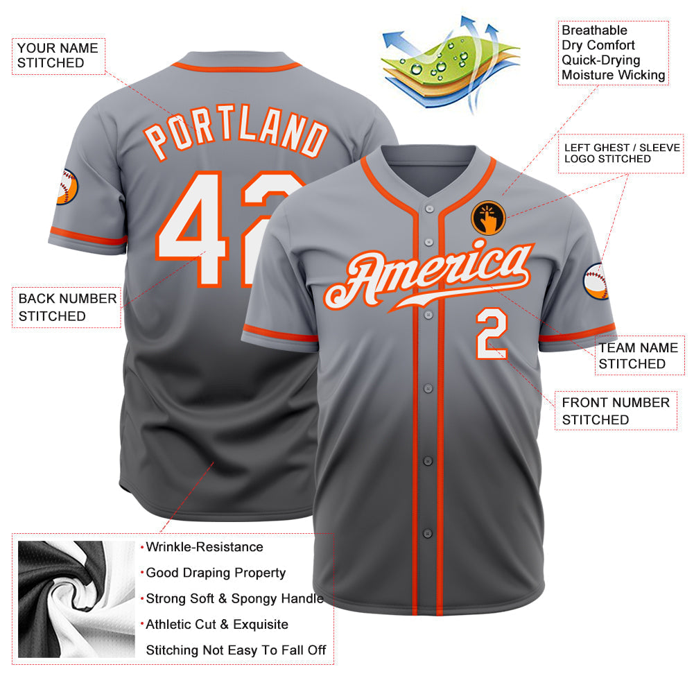Custom Gray White Steel Gray-Orange Authentic Fade Fashion Baseball Jersey baseball jersey product view 2