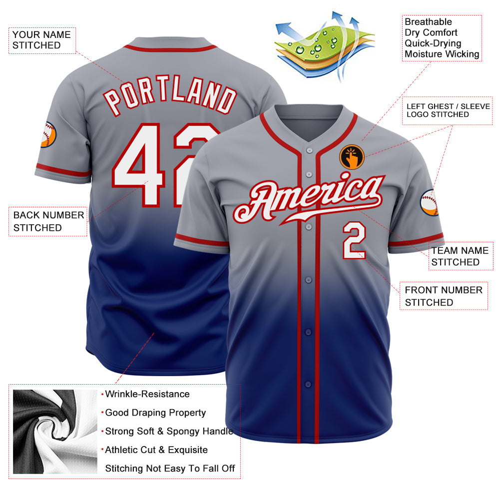 Custom Gray White Royal-Red Authentic Fade Fashion Baseball Jersey baseball jersey product view 2