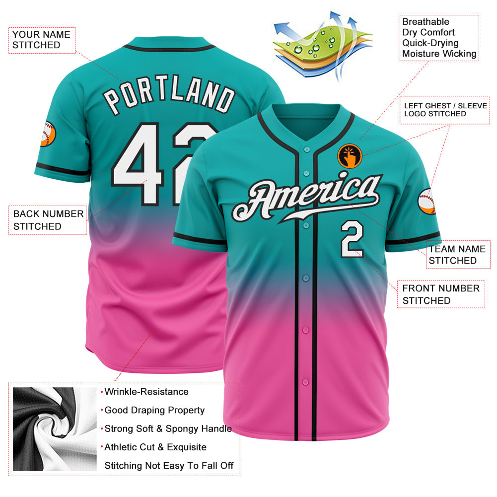Custom Aqua White Pink-Black Authentic Fade Fashion Baseball Jersey baseball jersey product view 2