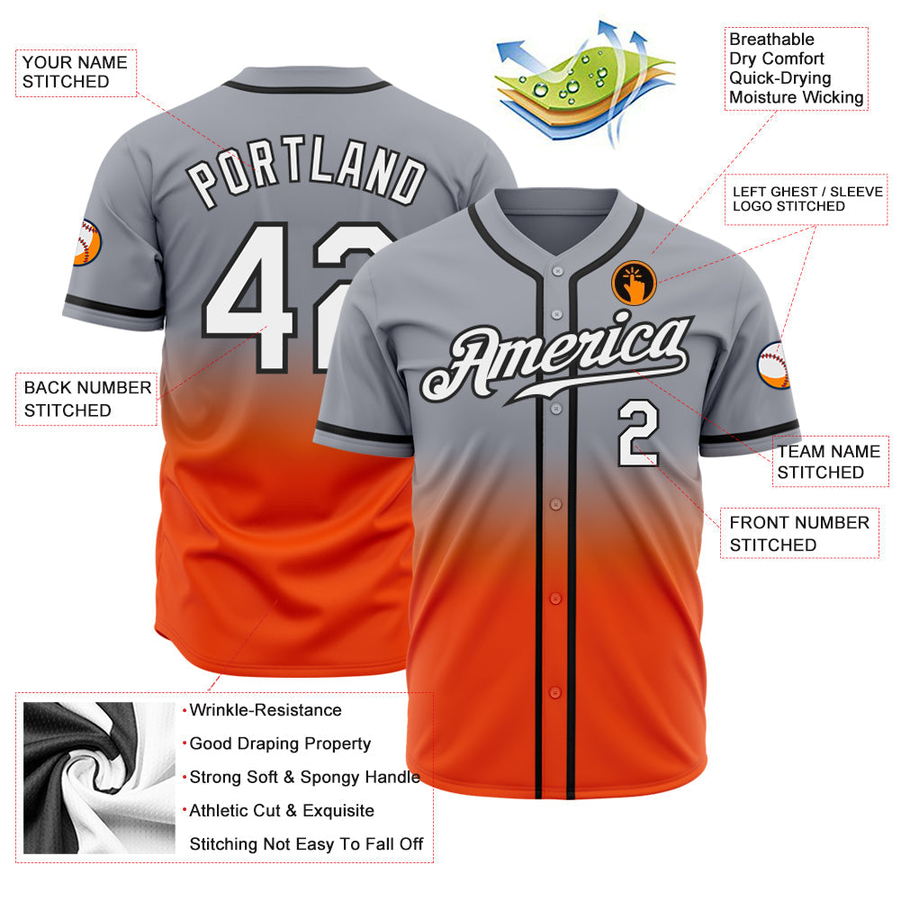 Custom Gray White Orange-Black Authentic Fade Fashion Baseball Jersey baseball jersey product view 2