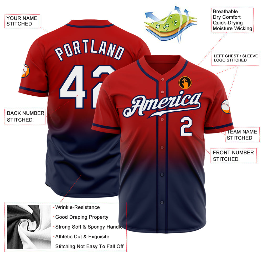 Custom Red White-Navy Authentic Fade Fashion Baseball Jersey baseball jersey product view 2