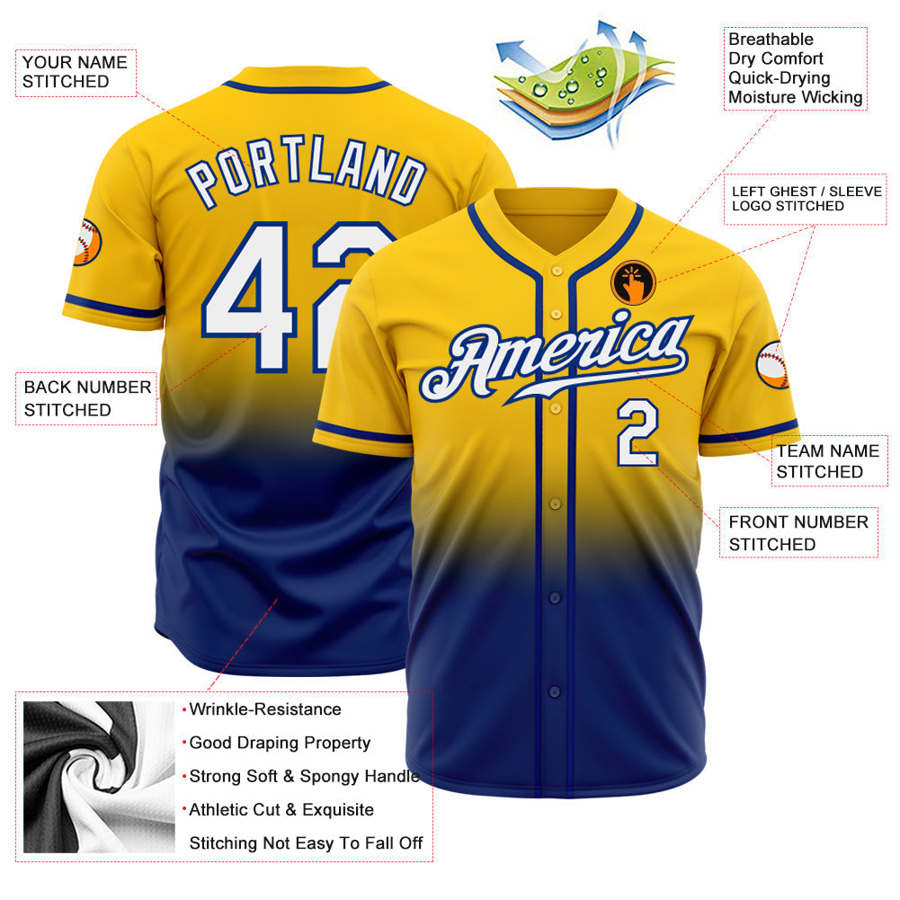 Custom Yellow White-Royal Authentic Fade Fashion Baseball Jersey baseball jersey product view 2