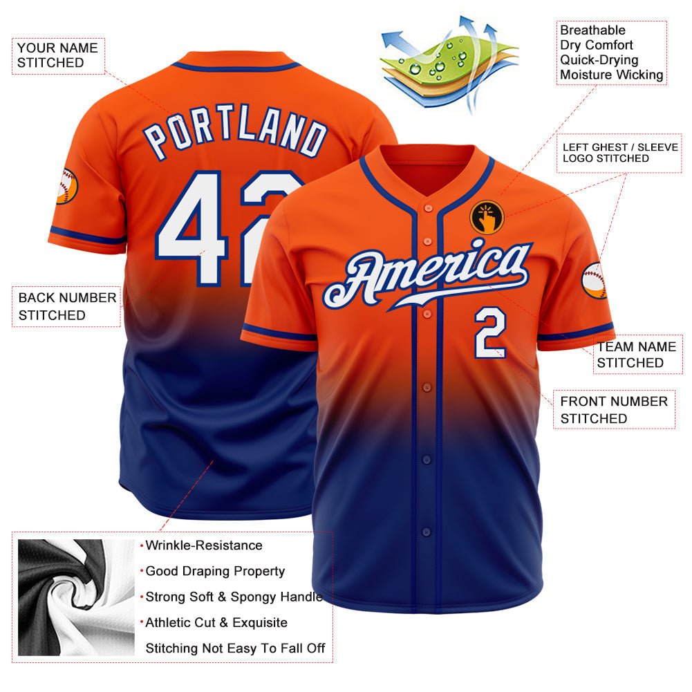 Custom Orange White-Royal Authentic Fade Fashion Baseball Jersey baseball jersey product view 2