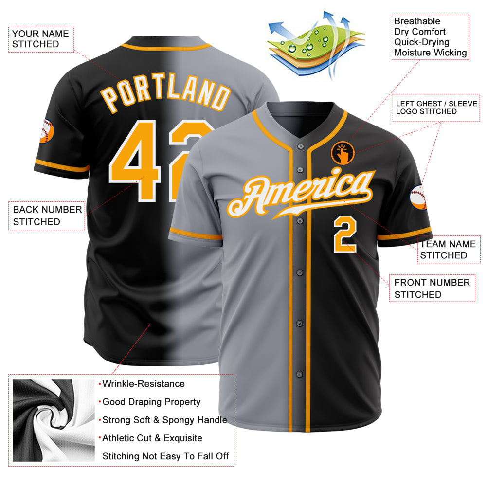 Custom Black Gold Gray-White Authentic Gradient Fashion Baseball Jersey baseball jersey product view 2