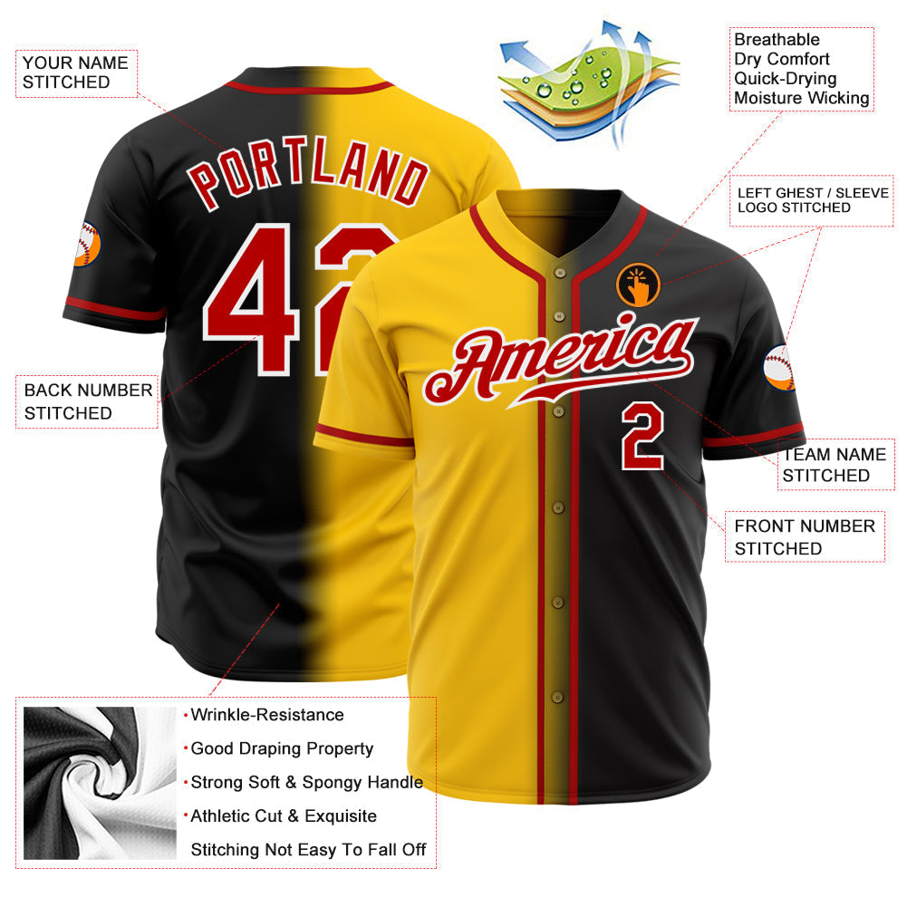 Custom Black Red Yellow-White Authentic Gradient Fashion Baseball Jersey baseball jersey product view 2