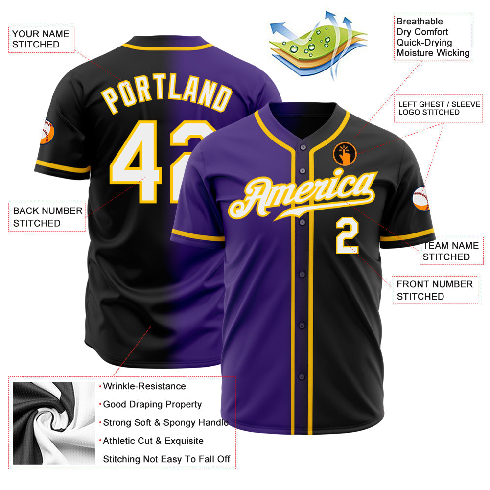 Custom Black White Purple-Gold Authentic Gradient Fashion Baseball Jersey baseball jersey product view 2