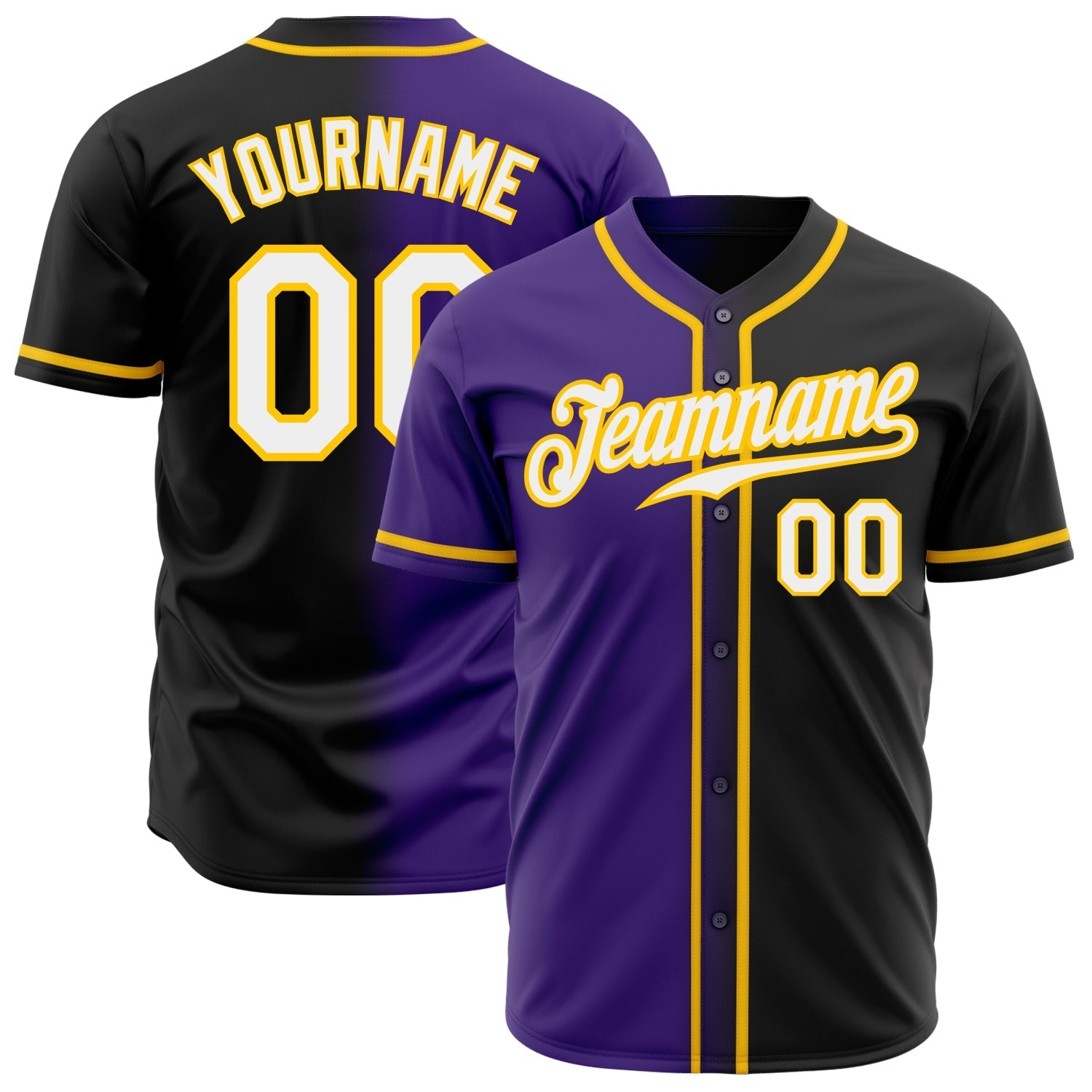 Custom Black White Purple-Gold Authentic Gradient Fashion Baseball Jersey baseball jersey product view 1
