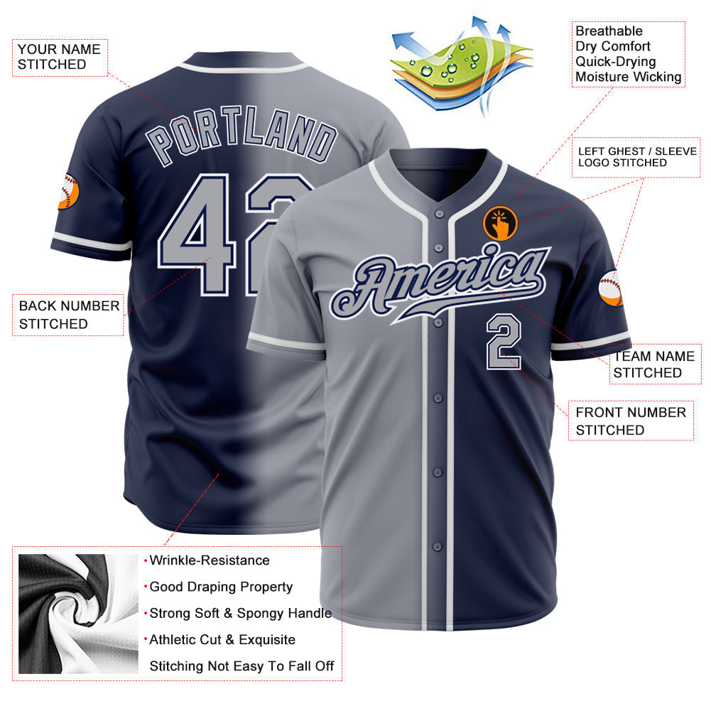Custom Navy Gray-White Authentic Gradient Fashion Baseball Jersey baseball jersey product view 2