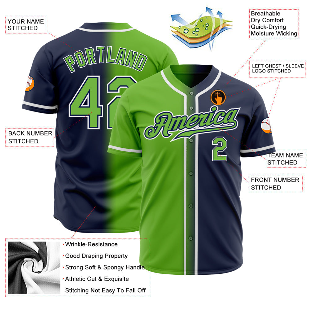 Custom Navy Neon Green-White Authentic Gradient Fashion Baseball Jersey baseball jersey product view 2