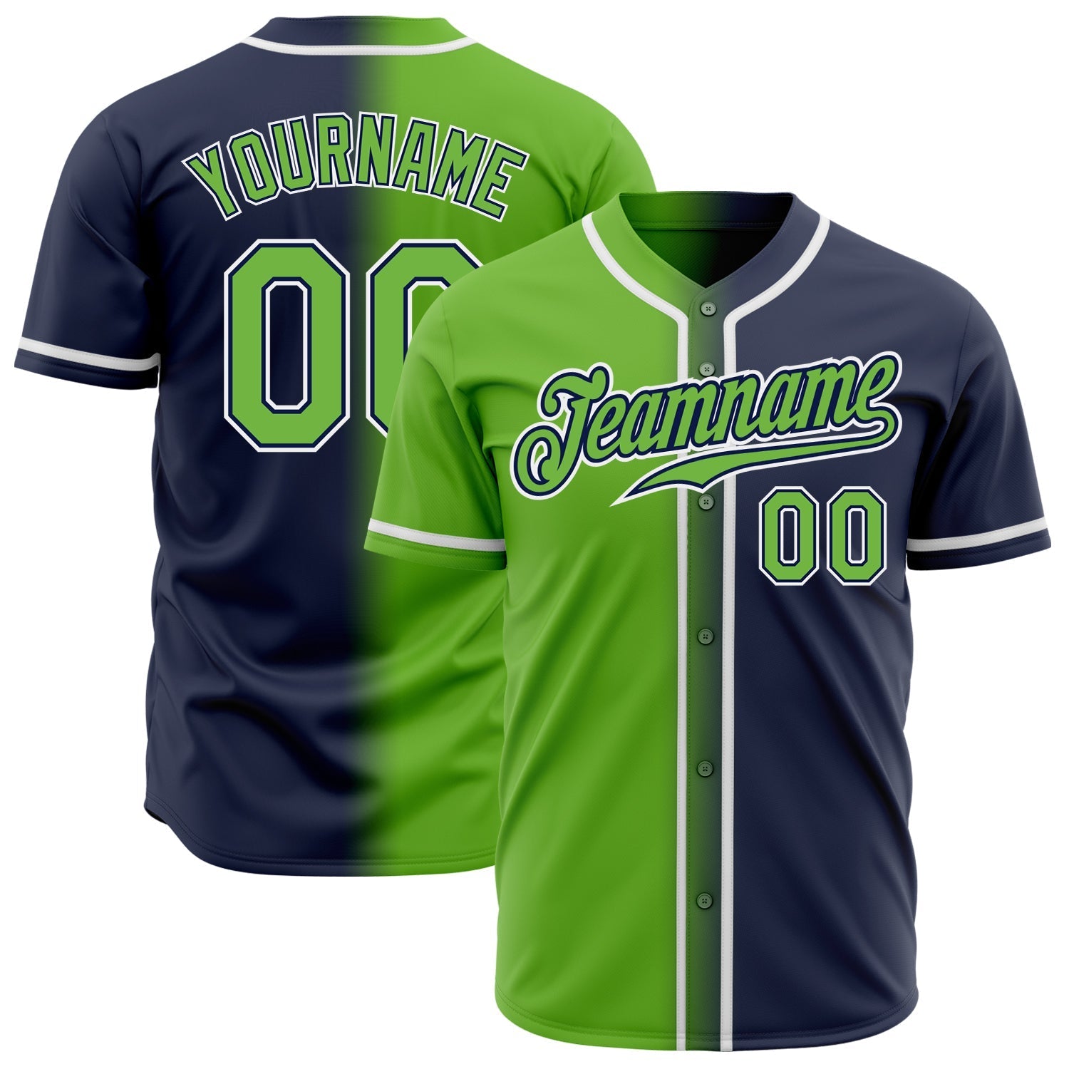 Custom Navy Neon Green-White Authentic Gradient Fashion Baseball Jersey baseball jersey product view 1
