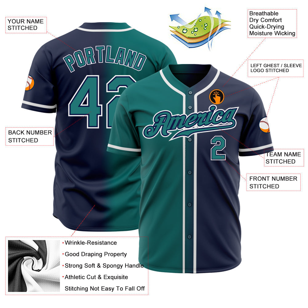 Custom Navy Teal-White Authentic Gradient Fashion Baseball Jersey baseball jersey product view 2