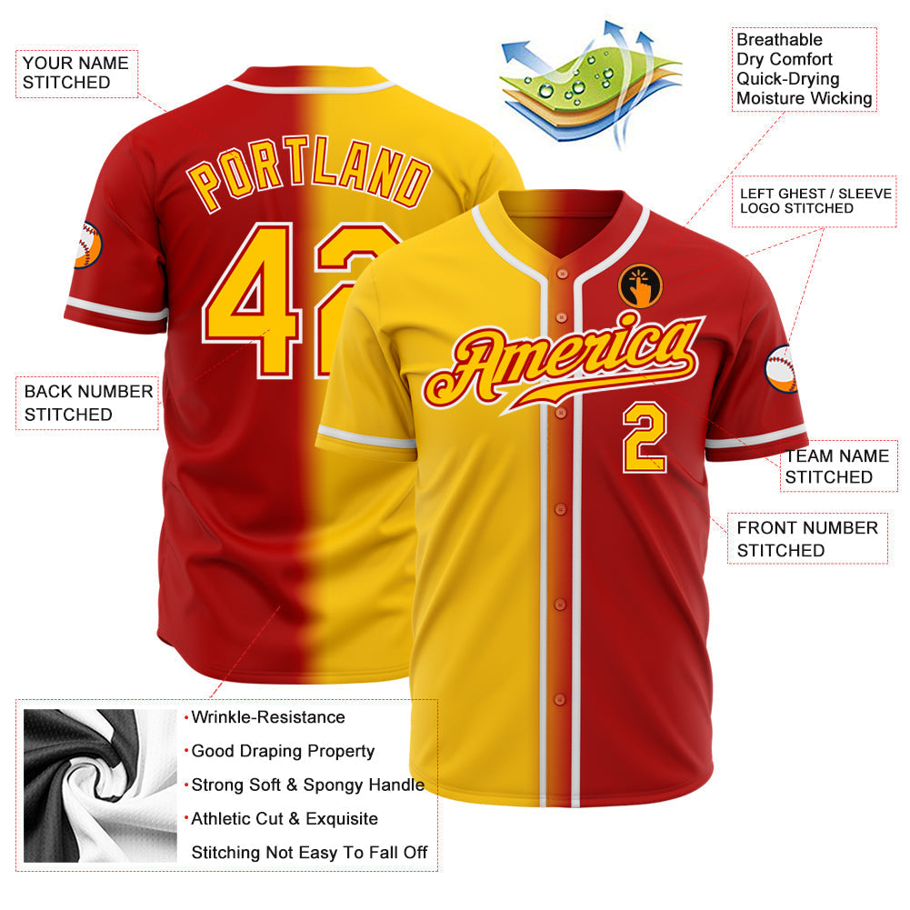 Custom Red Yellow-White Authentic Gradient Fashion Baseball Jersey baseball jersey product view 2