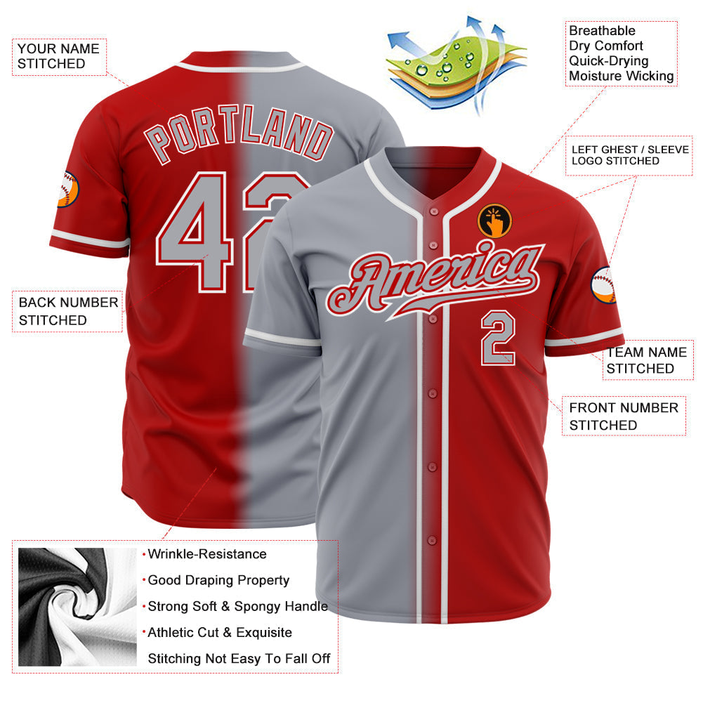 Custom Red Gray-White Authentic Gradient Fashion Baseball Jersey baseball jersey product view 2