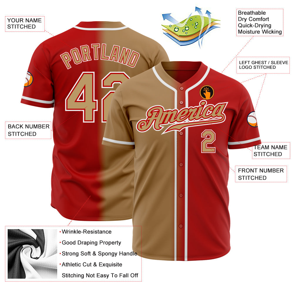Custom Red Old Gold-White Authentic Gradient Fashion Baseball Jersey baseball jersey product view 2