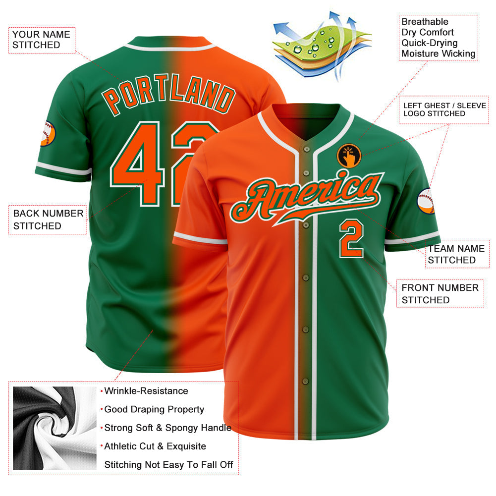 Custom Kelly Green Orange-White Authentic Gradient Fashion Baseball Jersey baseball jersey product view 2